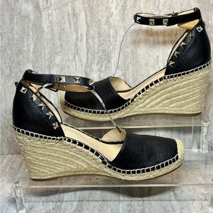 Marc Fisher Sakti Black Leather Studded Wedge Espadrille Heels Sandals 9M